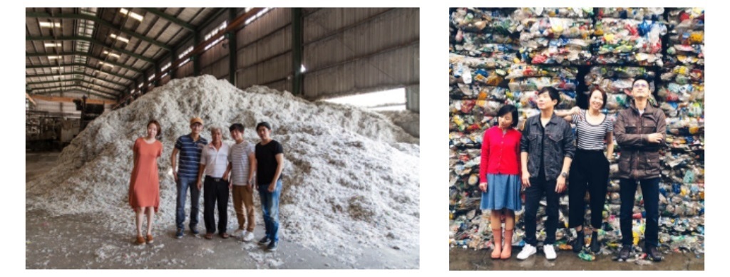 REnato實地拜訪不同類型的回收處理廠(左圖為紙容器處理廠；右圖為塑膠處理廠)