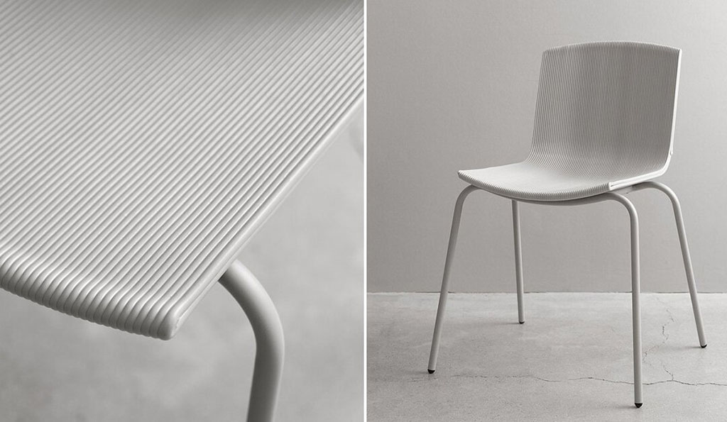 俄羅斯設計工作室delo推出了名為「rechair」的3D列印座椅，以優格杯生產過程中產生的塑膠廢料為原料，同時希望能改變人們對再生塑膠的既定看法，將再生塑膠提升為能匹敵木材或金屬的材料。