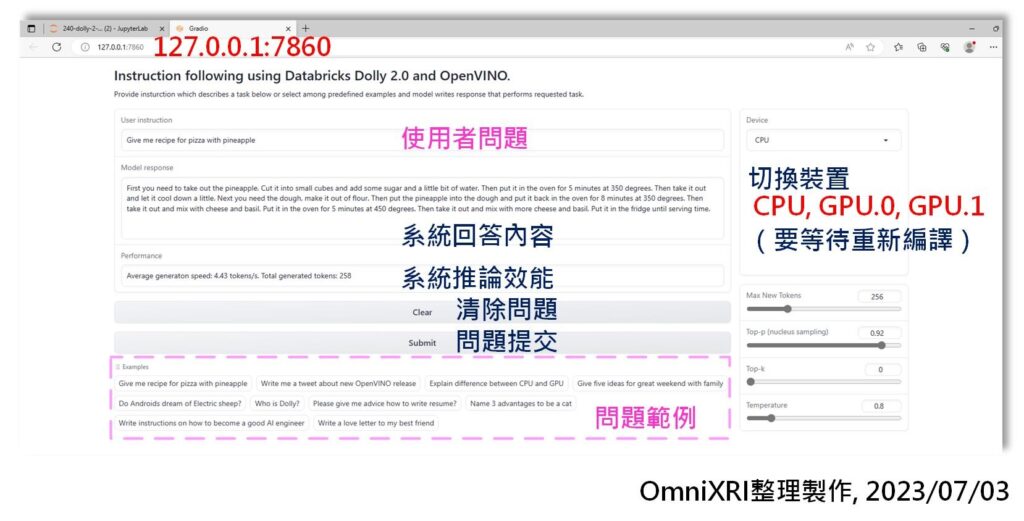 圖7：OpenVINO執行Dolly 2.0範例後網頁使用者介面示意圖。（OmniXRI整理製作，2023/07/03）