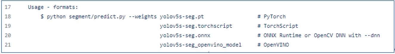 segment/predict.py 內的說明文件，說明了只需將 IR 格式的檔案存放在資料夾中(資料夾命名需以 _openvino_model 做結尾)，並在執行時指定此資料夾即可進行推論。