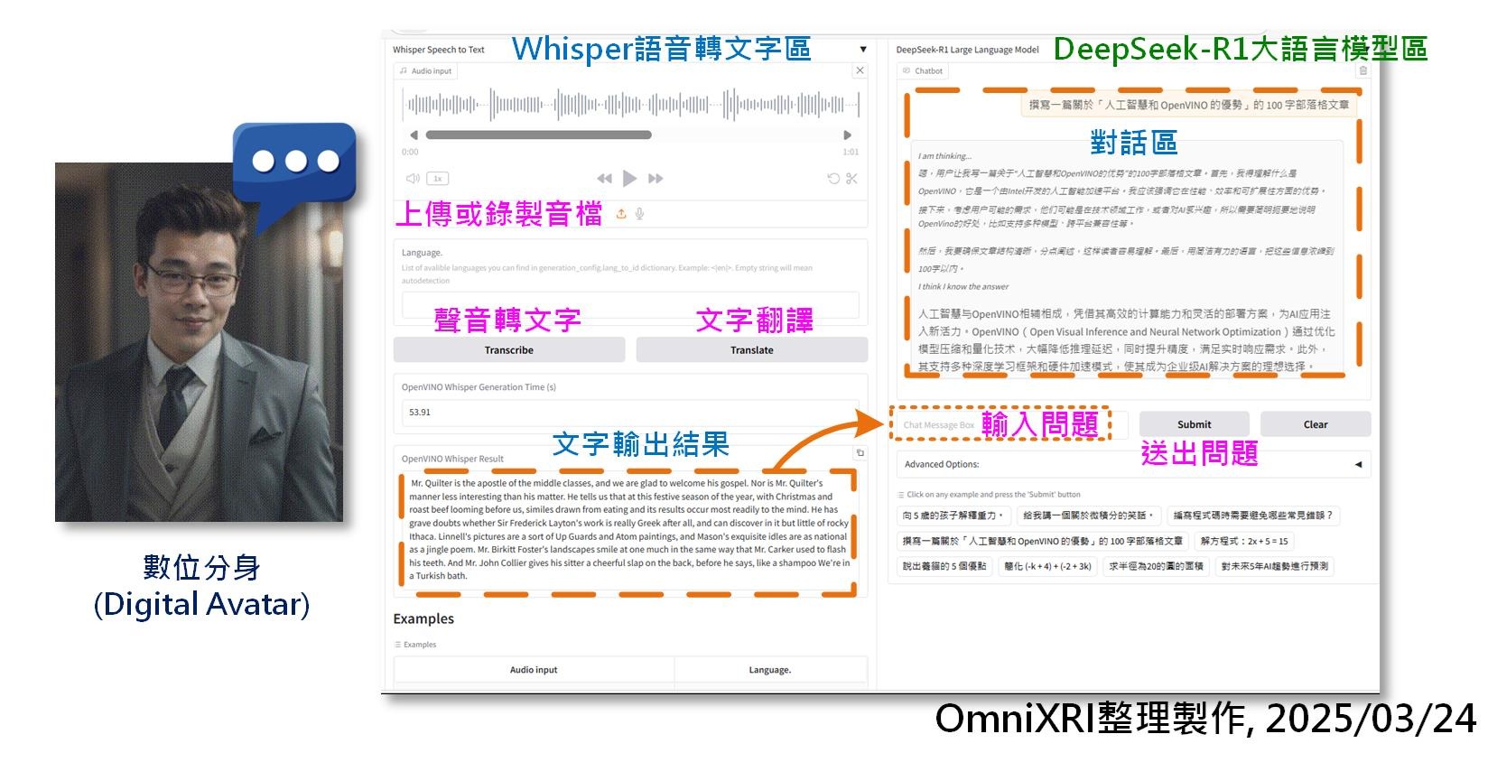 圖7:數位分身之 Whisper 語音轉文字及 DeepSeek-R1 大語言模型合併測試結果。(OmniXRI整理製作, 2025/03/24)