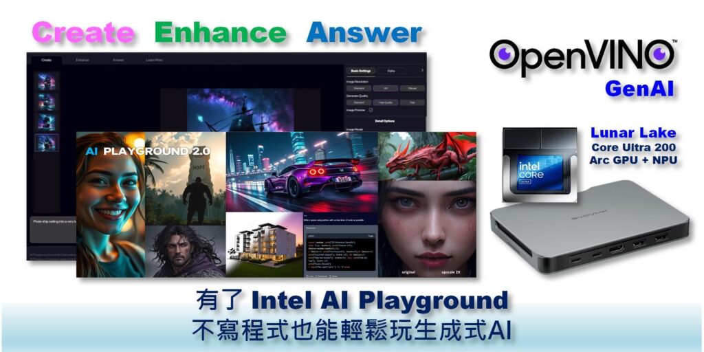 Intel整合自家NPU/GPU硬體強大算力及OpenVINO開源推論工具套件，開發出一套「AI Playground」，讓聊天對話、文字生成影像及影像強化輕輕鬆鬆就能完成。