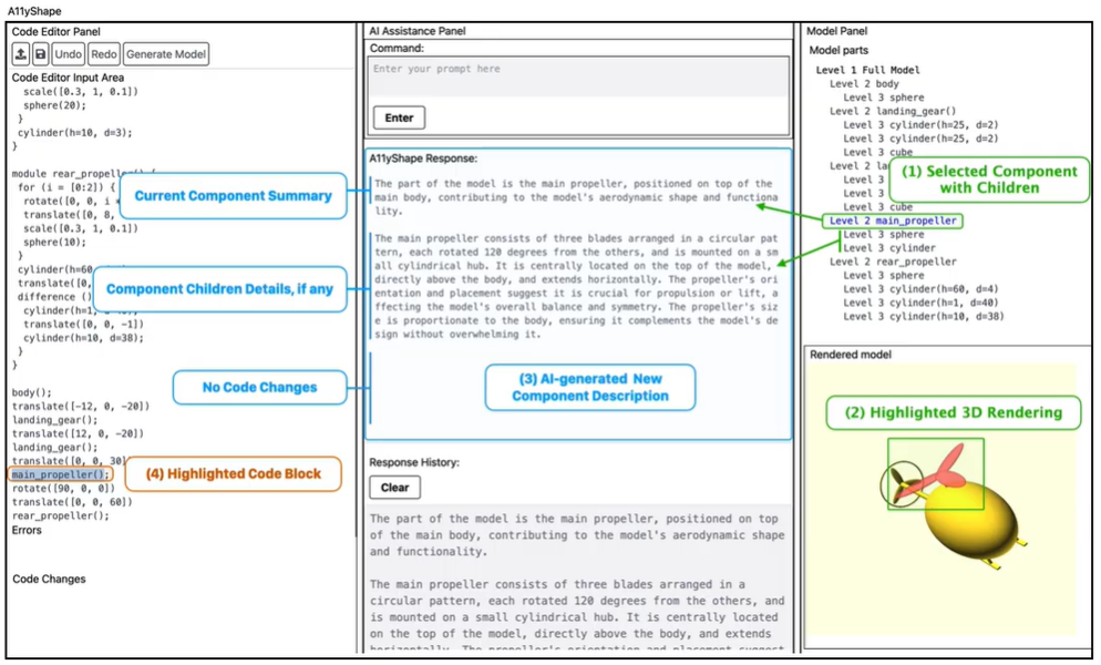 圖4 快速對應功能舉例，點按階層式架構中某個元件後，3D渲染畫面也會用不同顏色標示，程式碼也會被對應標示（圖片來源：Design & Engineering for Making (DE4M) Lab）