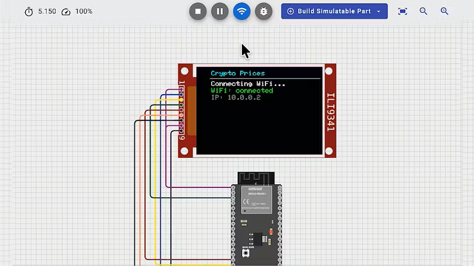 圖4 用模擬器模擬ESP32-S3連接LCD顯示器來顯示訊息（圖片來源：Cirkit Designer公司）