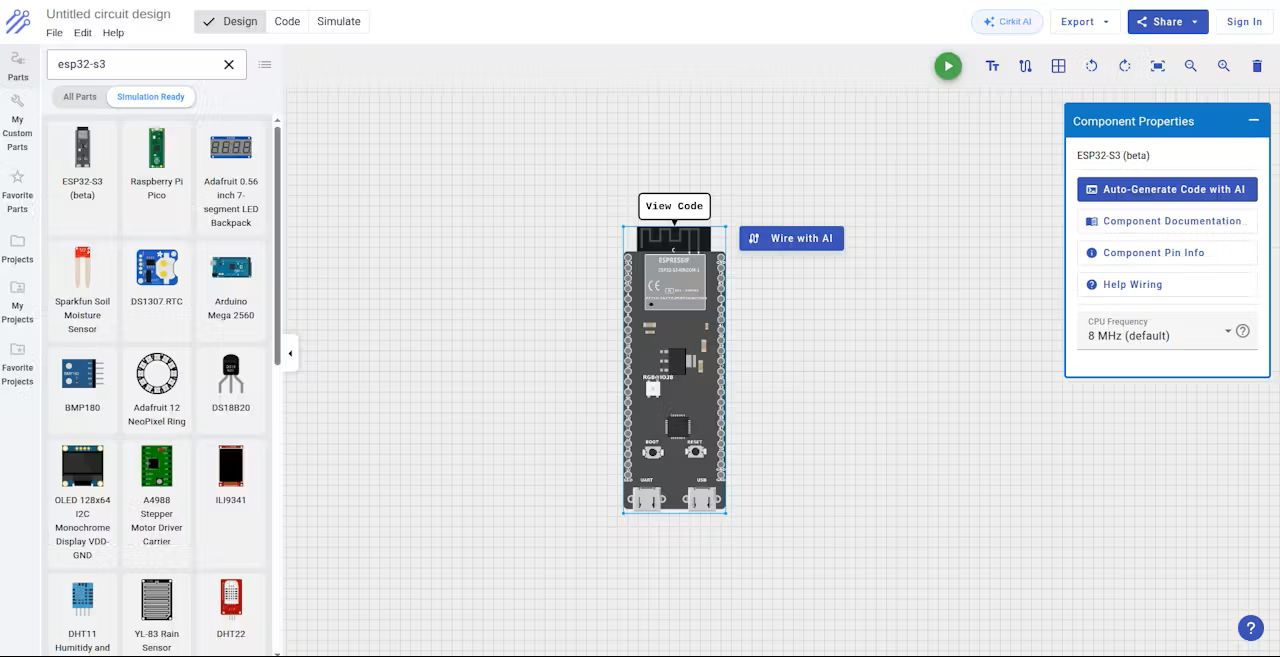 圖3 Cirkit Designer模擬ESP32-S3開發板的畫面（圖片來源：Cirkit Designer公司）