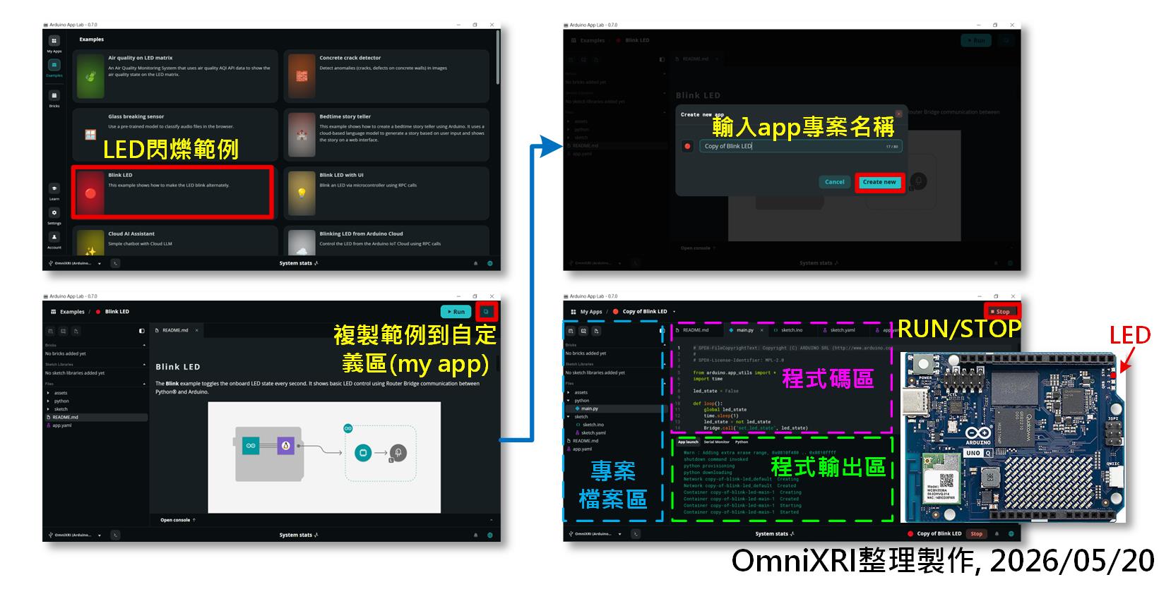圖4：複製App Lab LED Blink 範例並執行。（OmniXRI整理製作，2026/05/20）