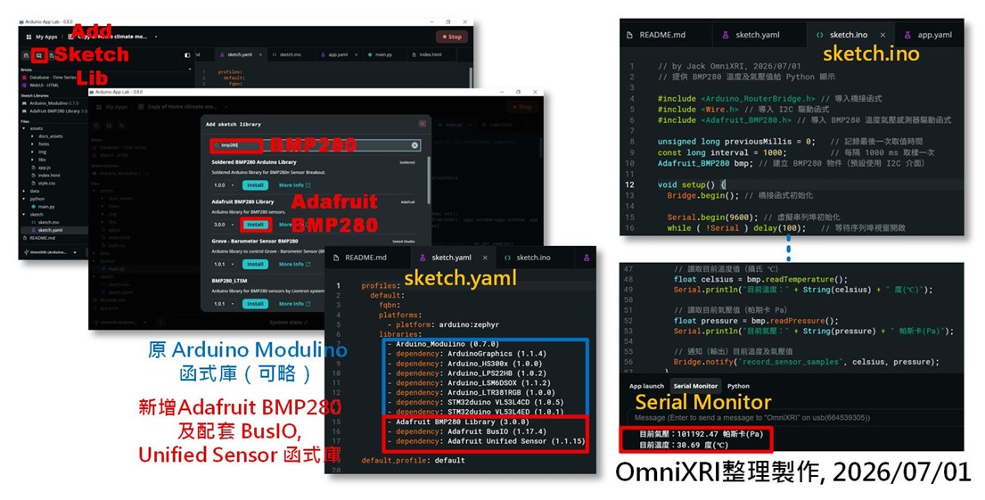 圖5:新增 Arduino LIB - Adafruit BMP280 函式庫、Sketch程式及執行結果。(OmniXRI整理製作,2026/07/01)