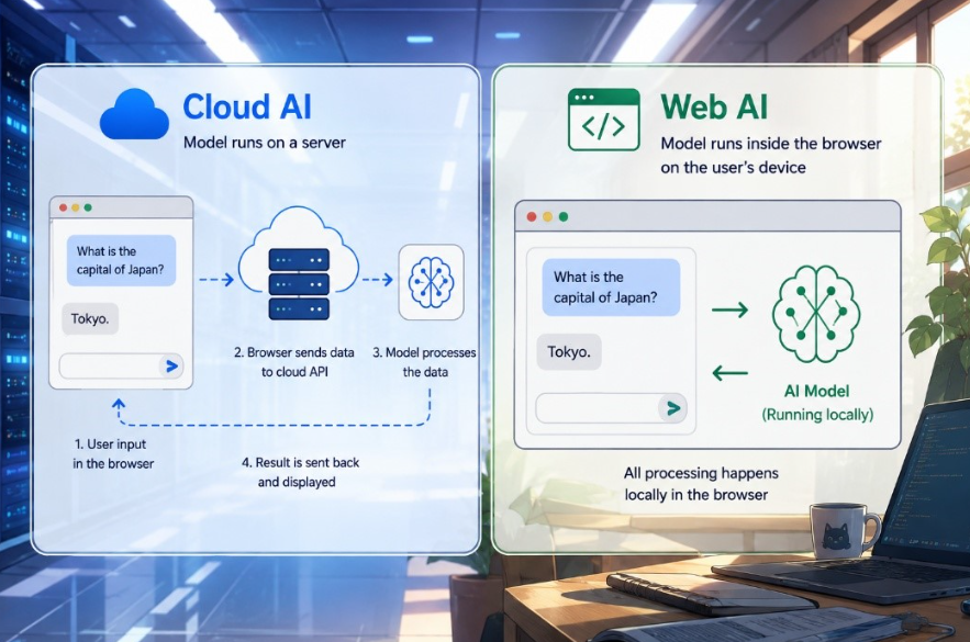 圖 1:Cloud AI 與 Web AI 的簡化示意圖